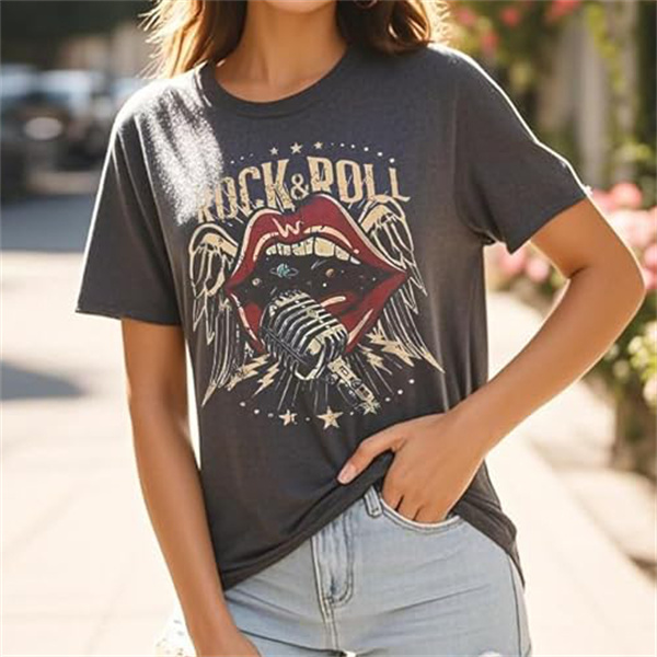 🔥 American Retro Rock T-shirt｜ROCK&ROLL Fiery Red Lips Microphone