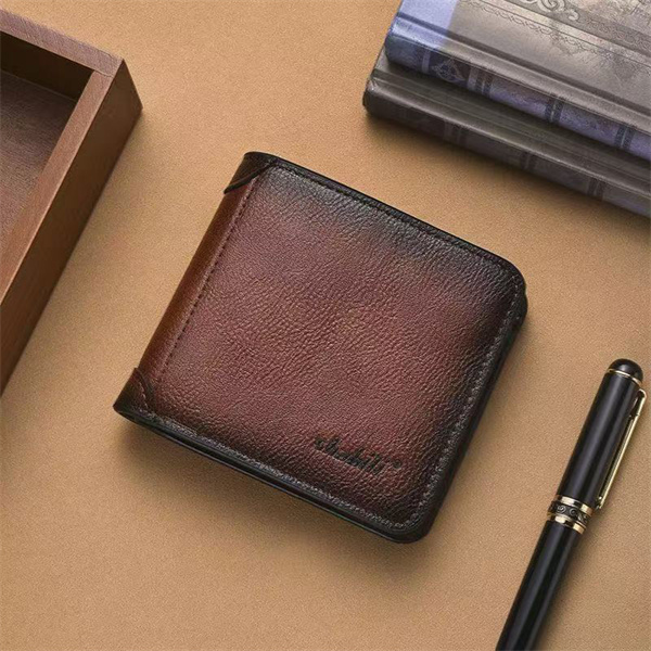 New men's wallet, ultra-thin short soft leather wallet with a retro distressed finish, multi-card slots, large capacity.