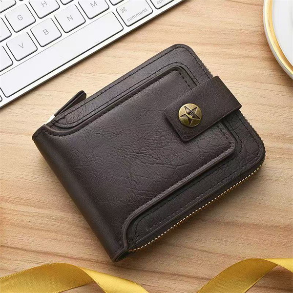 Men's Short Wallet, Retro Style, Multifunctional Horizontal Zipper Buckle, Solid Color, Tri-fold, ID Card Holder