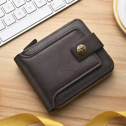 Men's Short Wallet, Retro Style, Multifunctional Horizontal Zipper Buckle, Solid Color, Tri-fold, ID Card Holder