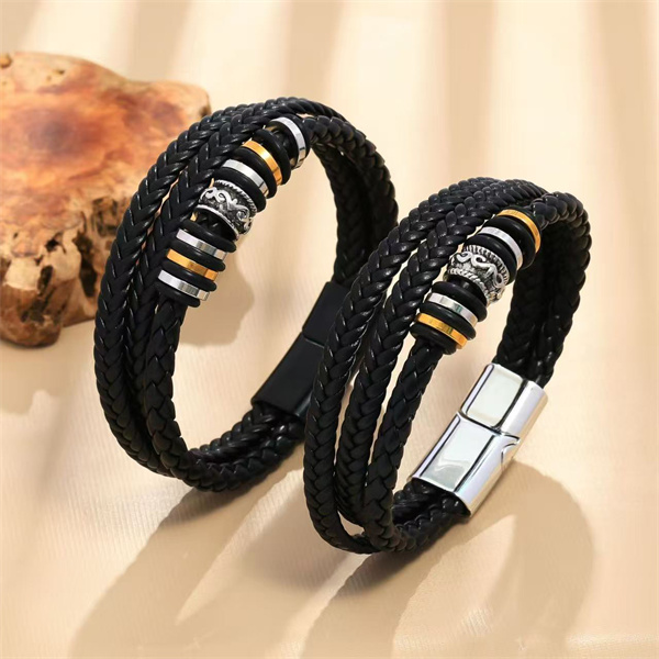 DIY Handmade Woven Leather Magnetic Clasp Multi-Layer Bracelet for Men, Fashionable Stainless Steel Multi-Layer Leather Cord Bracelet