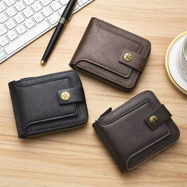 Men's Short Wallet, Retro Style, Multifunctional Horizontal Zipper Buckle, Solid Color, Tri-fold, ID Card Holder