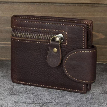 Men's genuine leather wallet with retro buckle, multi-card top-grain cowhide tri-fold folding wallet