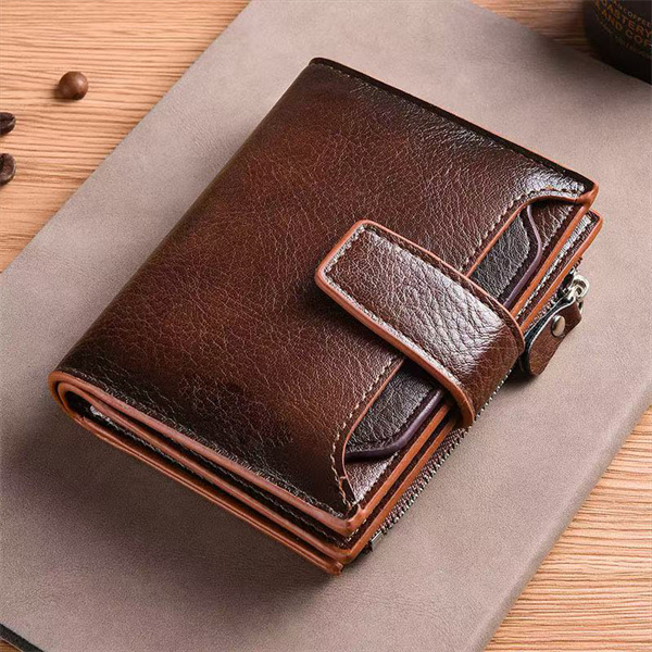 Vintage-style waxed leather buckle, large capacity coin purse, card holder, multi-card slot, top-grain genuine leather men's wallet