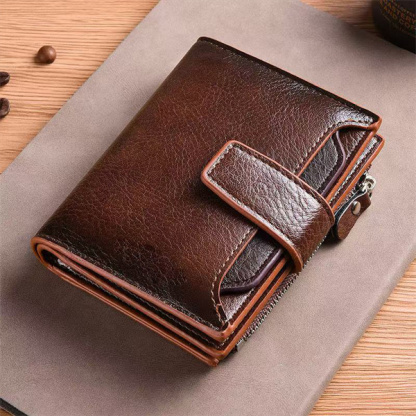 Vintage-style waxed leather buckle, large capacity coin purse, card holder, multi-card slot, top-grain genuine leather men's wallet
