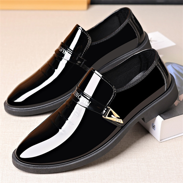 Men's patent leather trendy business formal Korean British style pointed toe slip-on shoes