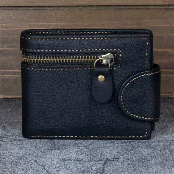 Men's genuine leather wallet with retro buckle, multi-card top-grain cowhide tri-fold folding wallet