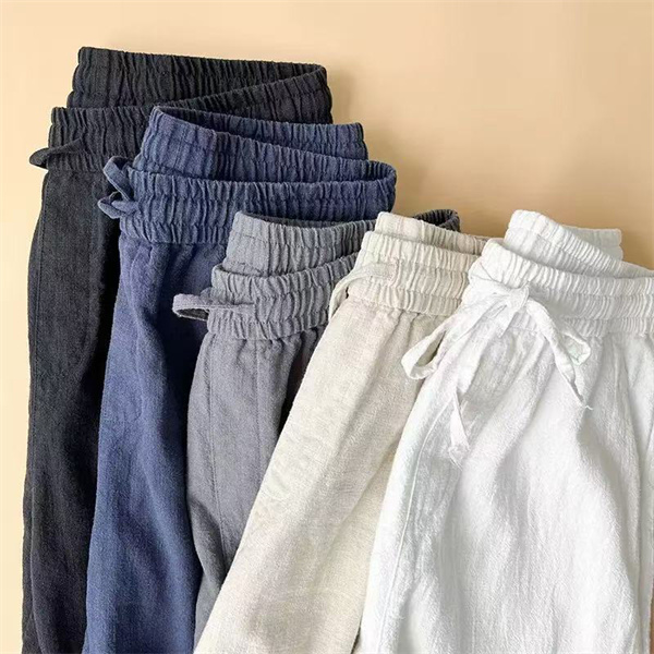 Cotton Linen Pants Men Casual LooseDrawstring Waist Summer Beach Pants