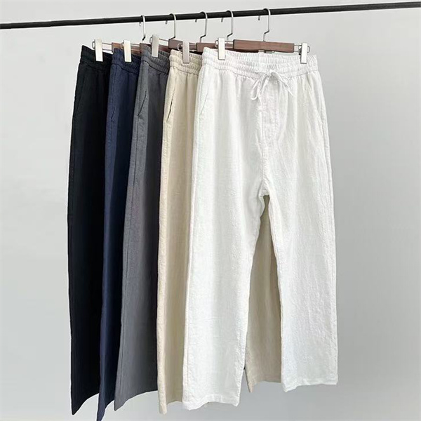 Cotton Linen Pants Men Casual LooseDrawstring Waist Summer Beach Pants