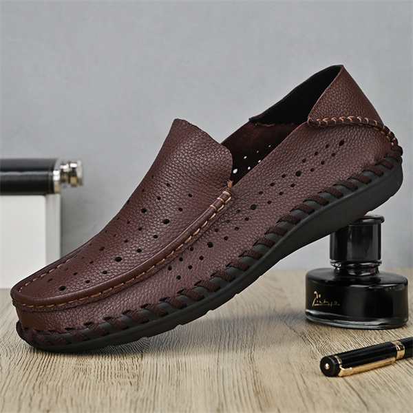 Summer breathable perforated casual leather shoes for men genuine leather single layer wide foot dad shoes