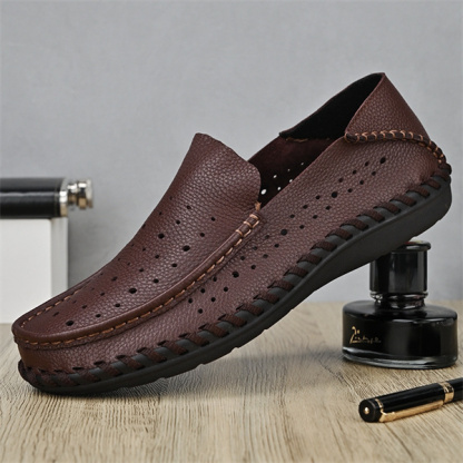 Summer breathable perforated casual leather shoes for men genuine leather single layer wide foot dad shoes