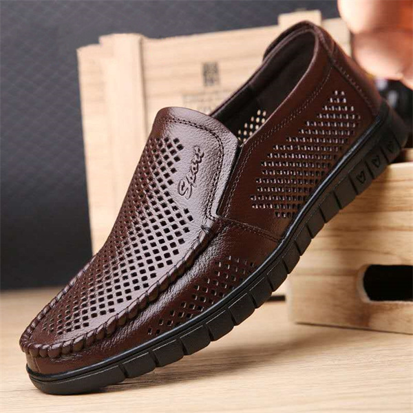 New summer men's sandals genuine leather soft bottom hollow casual leather shoes