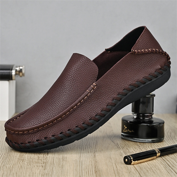Summer breathable perforated casual leather shoes for men genuine leather single layer wide foot dad shoes