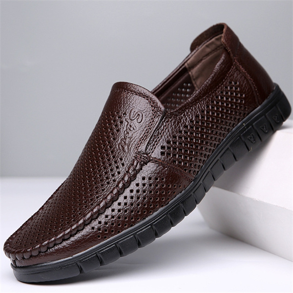 New summer men's sandals genuine leather soft bottom hollow casual leather shoes