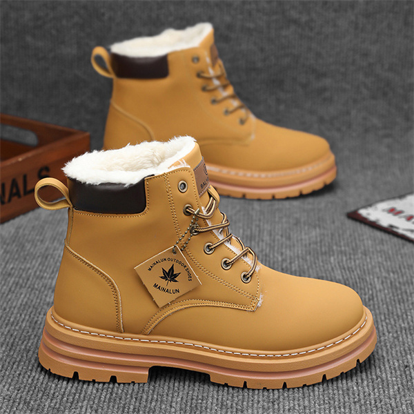 Large size men's winter velvet warm cotton shoes big yellow boots thick sole height increasing shoes