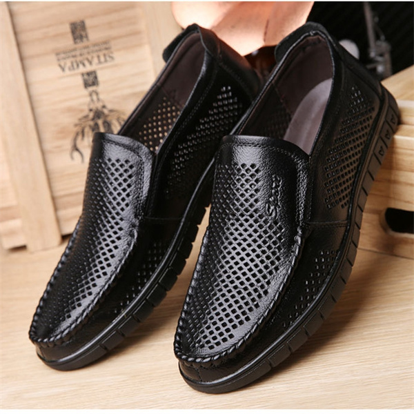 New summer men's sandals genuine leather soft bottom hollow casual leather shoes