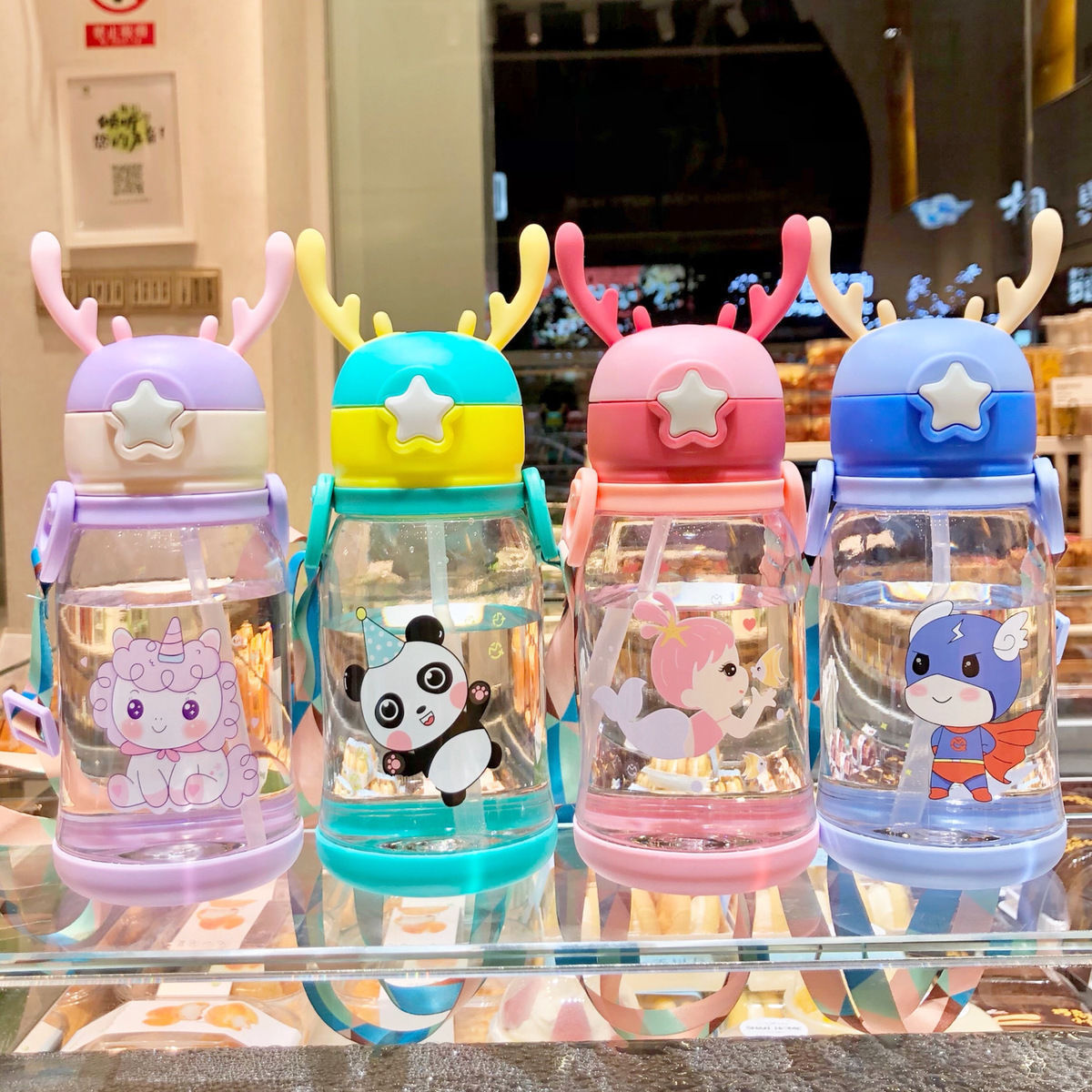 Children's Straw Cup Learning Cup for Drinking for Girl Boy Leak-proof Antler Water Bottle for Anti-fall Portable Water Cup