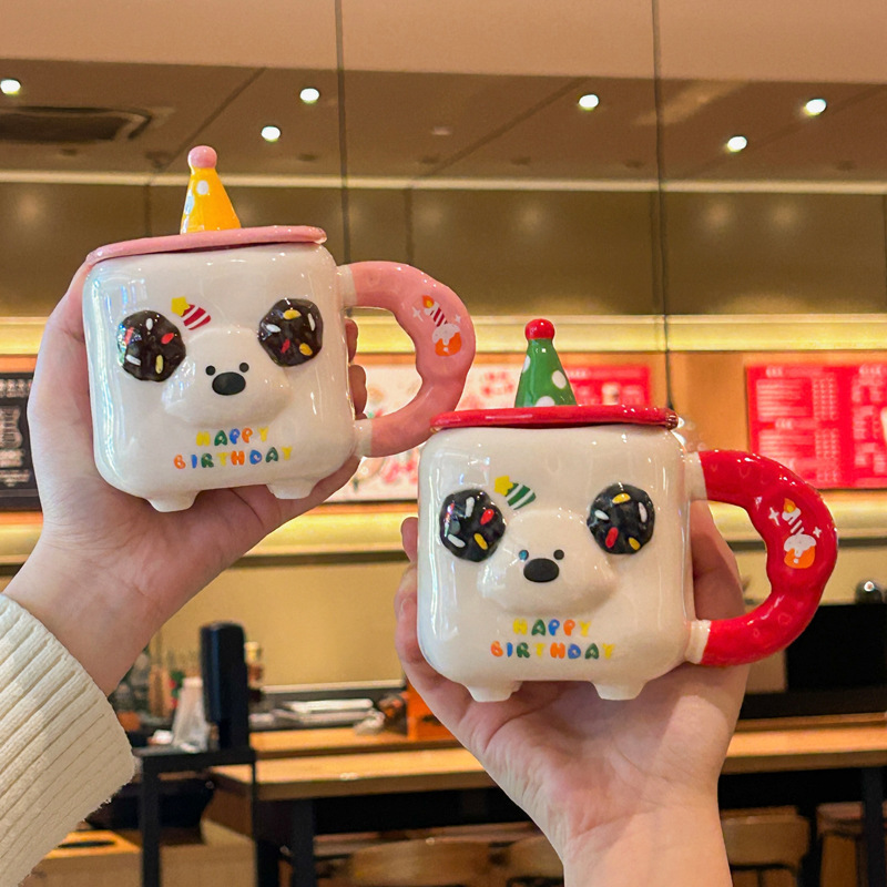400ML Cute Birthday Hat Puppy Cup Sausage Puppy Ceramic Cup Kids Friends Birthday Gift Cartoon Mug with Lid Gift Box Set
