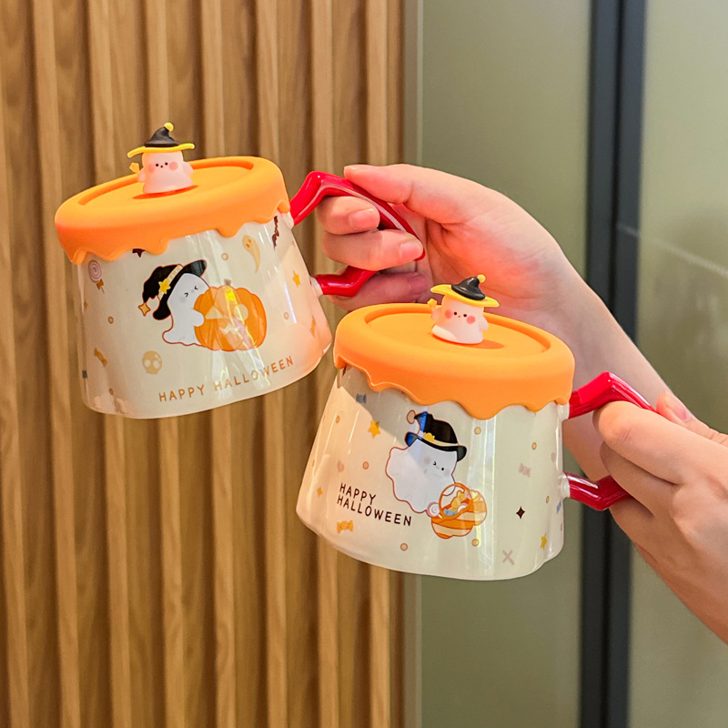 380ML Cute Ghost Ceramic Cup with Lid Creative Funny Mug Gift Box Halloween gifts for Friends Couple Kids
