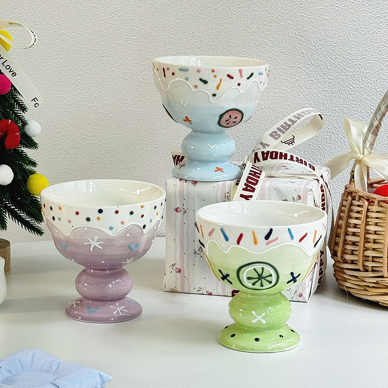 Ceramic Ice Cream Cup Creative Embossed three-dimensional Cute High Footed Dessert Cups Girls Household Fruit Yogurt Bowls