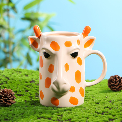 500ml Creative 3D Giraffe Ceramic Mug Cartoon Cute Animal Embossed Cup Personality Trend Coffee Mug Ceramic Cup 
