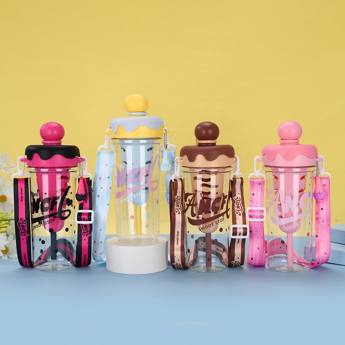 Kawaii Ice Cream Water Cup Portable Large Capacity Sugar Cone Straw Cup Students Children Drinking Cup with Strap