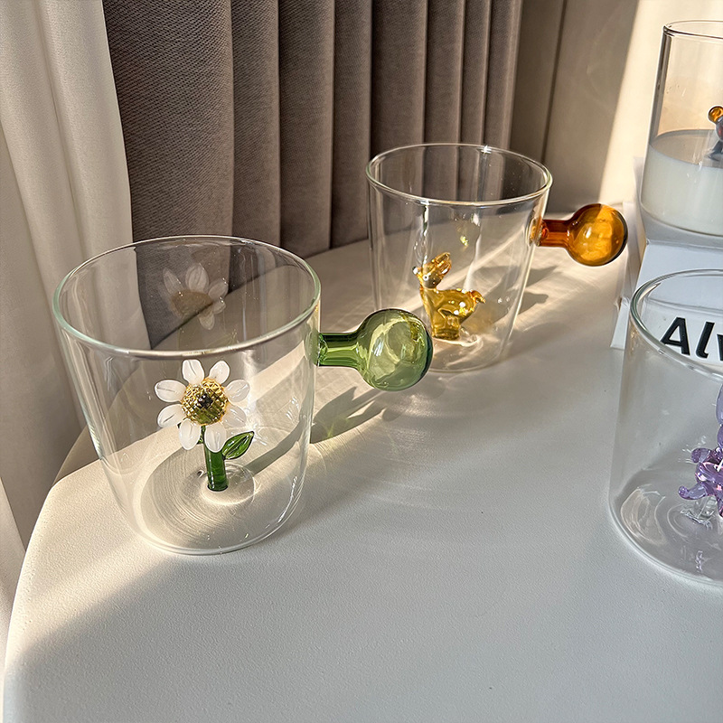 Colorful Ball Handle High Borosilicate Glass Cup for Household Creative Cute Cup Embedded with 3D Cartoon Animals and Plants