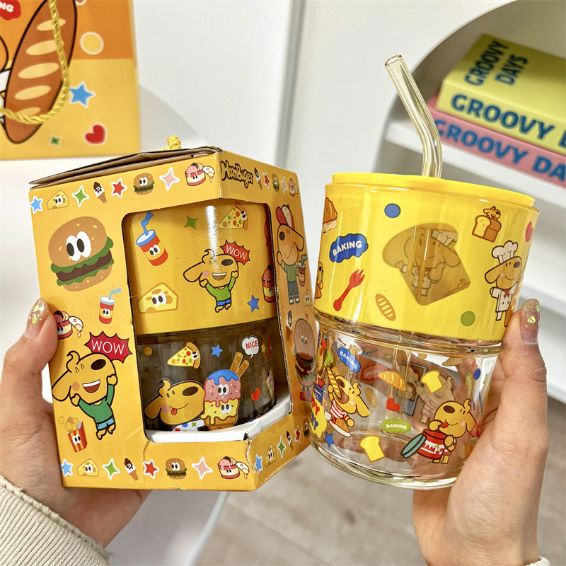 keir Dog Burger Printed Glass with Straw Cup Lid Gift Box Cute Cartoon Household Water Cup Birthday Gift