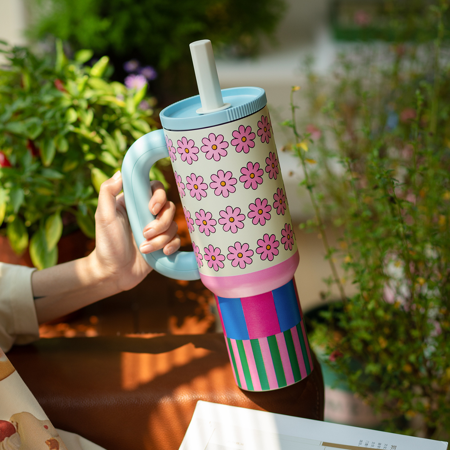 1200ML Colorful Flower-printed Insulated Cup Stainless Steel Car Large-capacity Straw Cup