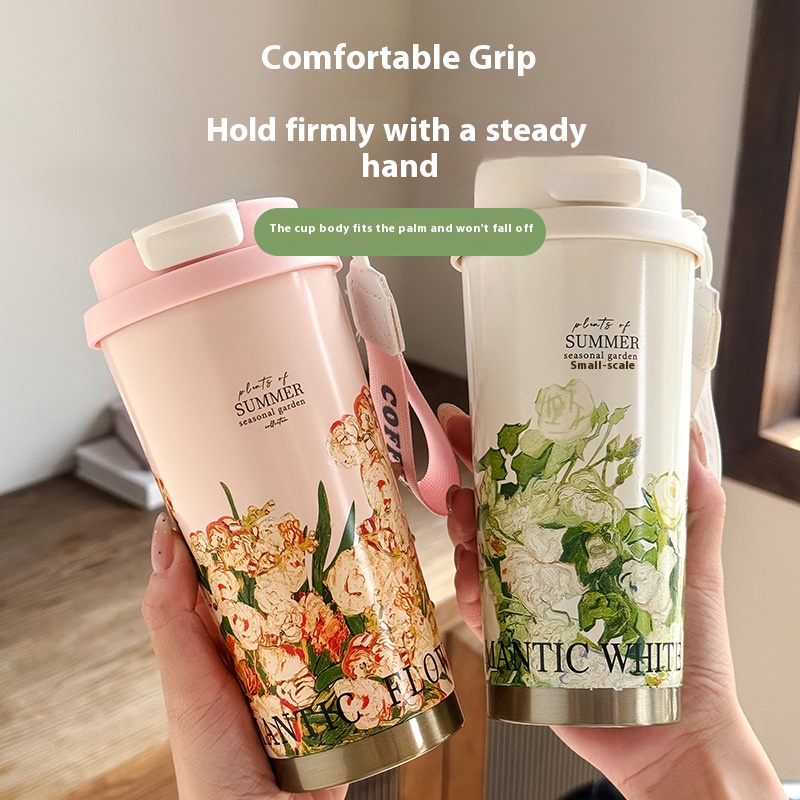 New Thermos Cup Coffee Cup for Girls High Appearance Double Drinking Cup Light Luxury Lily of The Valley Flower Water Cup