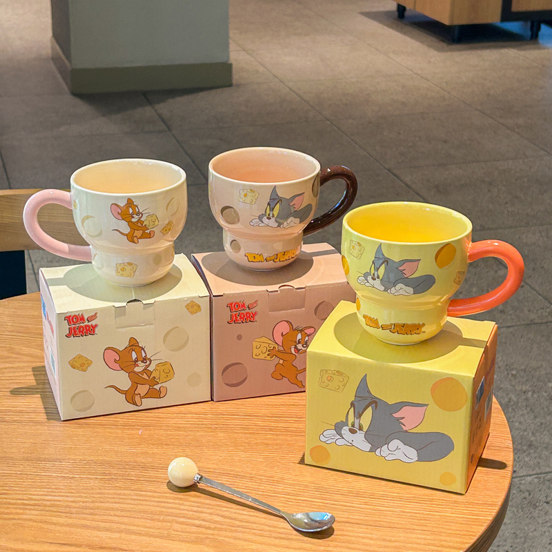 Vintage Cute Cartoon Cat Mouse Print Brown Cup Round Mouth Cup Ceramic Tall Foot Cup Coffee Cup with Spoon Box Gifts