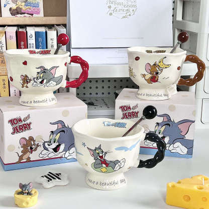 Vintage Cute Cartoon Cat Mouse Print Brown Cup Round Mouth Cup Ceramic Tall Foot Cup Coffee Cup with Spoon Box Gifts