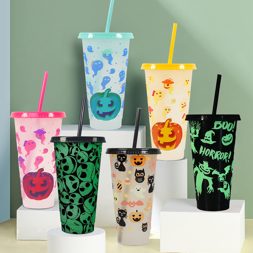 710ml PP Reusable with Straws Water Cups Changing Colour Magical Plastic Cold Water Color Changing Luminous Cup for Halloween