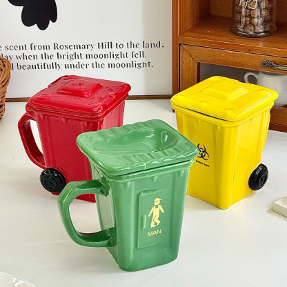 360ML Creative Trash Can Shape Ceramic Mugs Funny Birthday Gifts Coffee and Water Cups for Boys Girls Friends Breakfast Cups with Spoon