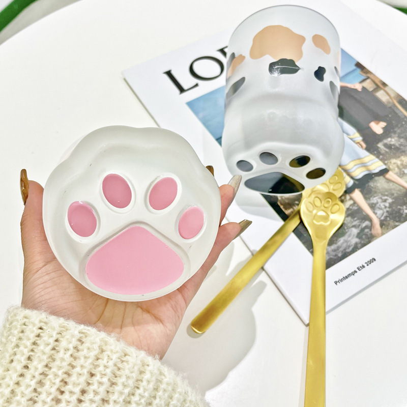 400ML Lovely Ins Couple Cat Paw Design Water Cups Home Tea Sets Cat Glass Cups with Spoons 