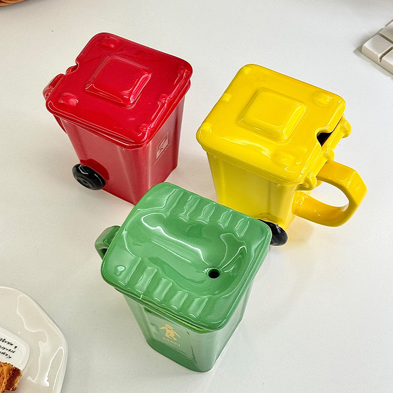 360ML Creative Trash Can Shape Ceramic Mugs Funny Birthday Gifts Coffee and Water Cups for Boys Girls Friends Breakfast Cups with Spoon