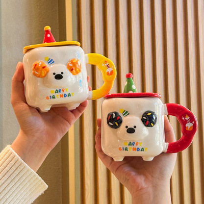 400ML Cute Birthday Hat Puppy Cup Sausage Puppy Ceramic Cup Kids Friends Birthday Gift Cartoon Mug with Lid Gift Box Set