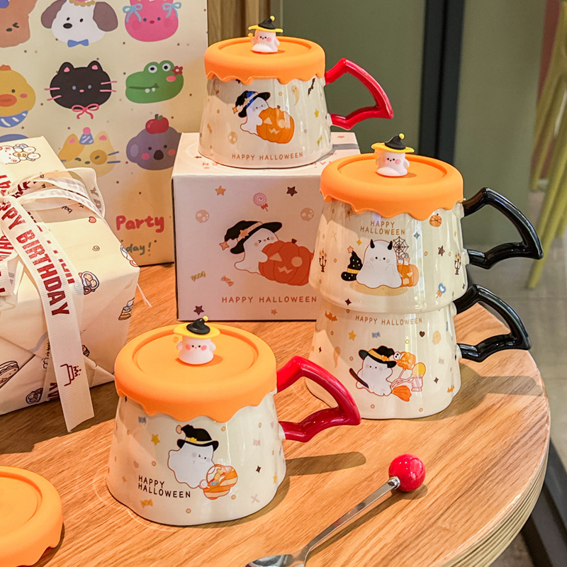 380ML Cute Ghost Ceramic Cup with Lid Creative Funny Mug Gift Box Halloween gifts for Friends Couple Kids