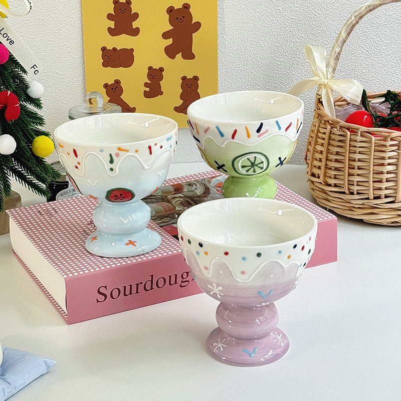 Ceramic Ice Cream Cup Creative Embossed three-dimensional Cute High Footed Dessert Cups Girls Household Fruit Yogurt Bowls