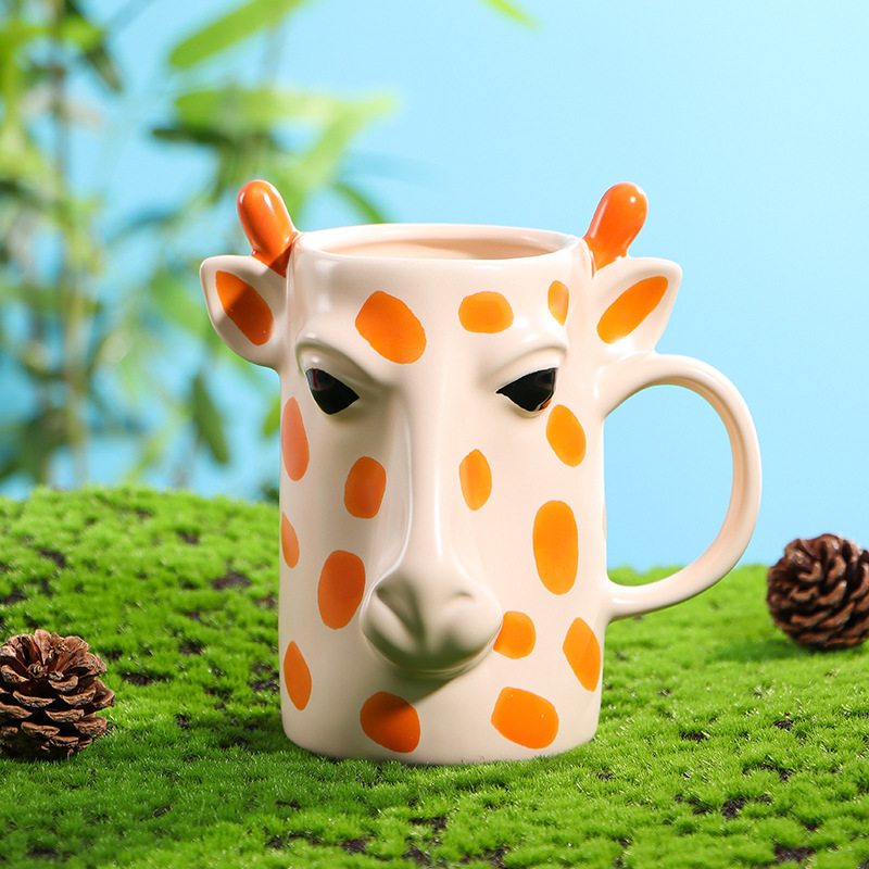 500ml Creative 3D Giraffe Ceramic Mug Cartoon Cute Animal Embossed Cup Personality Trend Coffee Mug Ceramic Cup 