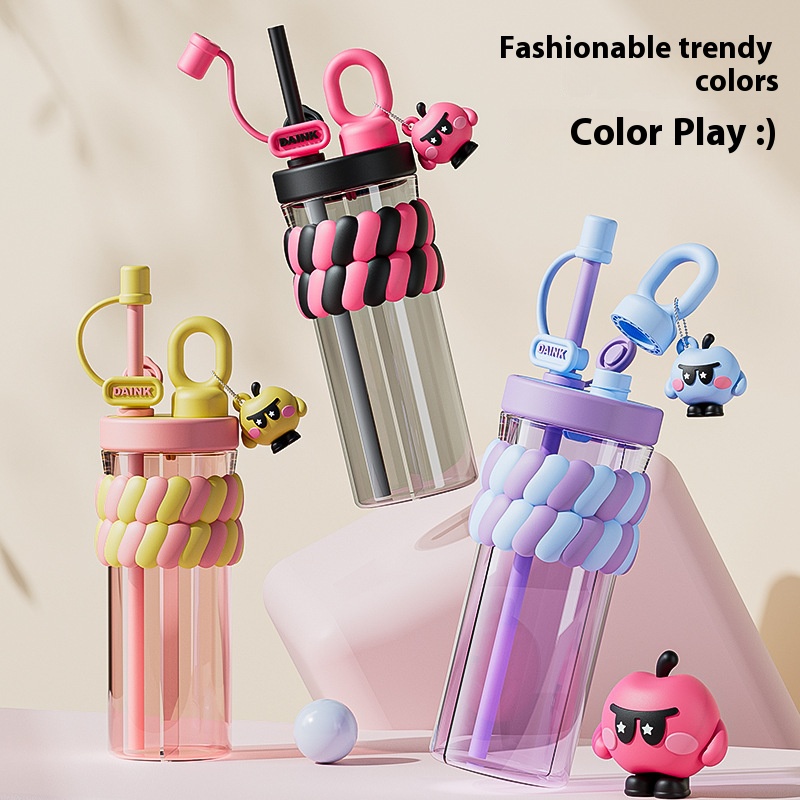 720ML Color Double Drink Cup Cartoon Student Plastic Water Cup Large Capacity Portable Straw Cup