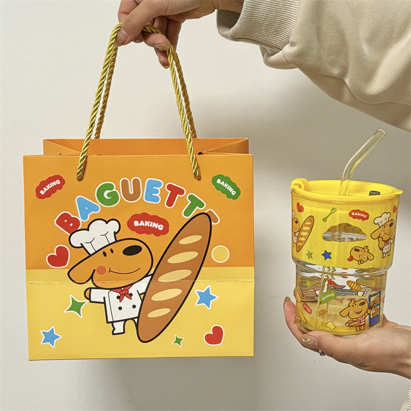 keir Dog Burger Printed Glass with Straw Cup Lid Gift Box Cute Cartoon Household Water Cup Birthday Gift