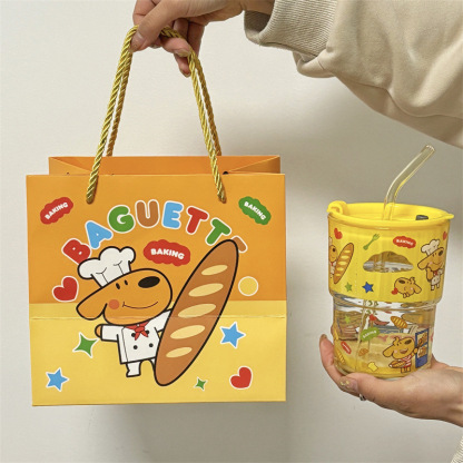 keir Dog Burger Printed Glass with Straw Cup Lid Gift Box Cute Cartoon Household Water Cup Birthday Gift