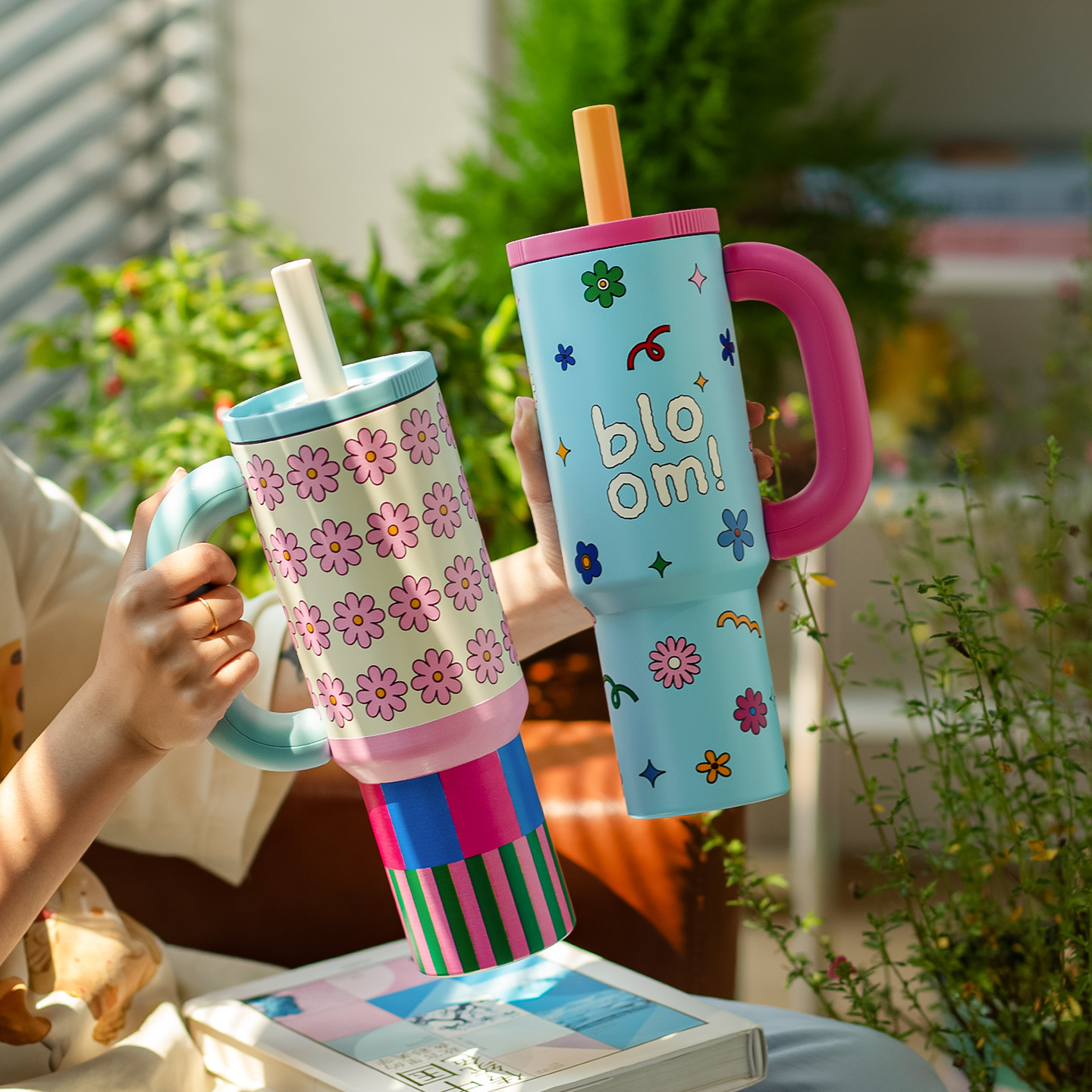 1200ML Colorful Flower-printed Insulated Cup Stainless Steel Car Large-capacity Straw Cup