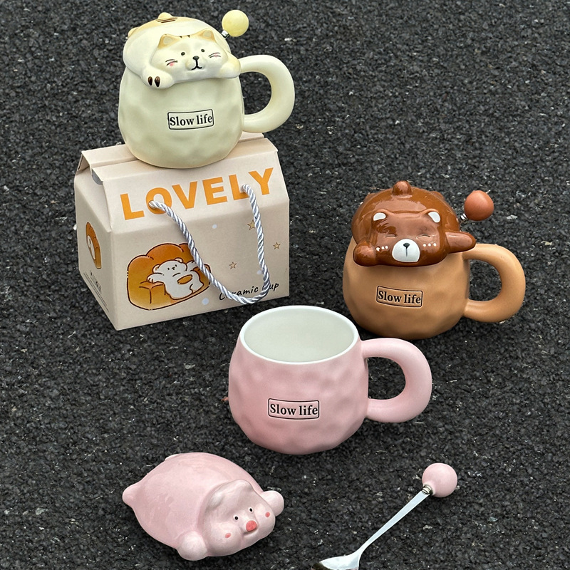 Cute Funny Ghost Poached Egg Cup Ceramic Bear Shape Mug with Lid and Spoon Gift Box Halloween Birthday Present