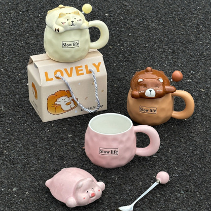 Cute Funny Ghost Poached Egg Cup Ceramic Bear Shape Mug with Lid and Spoon Gift Box Halloween Birthday Present