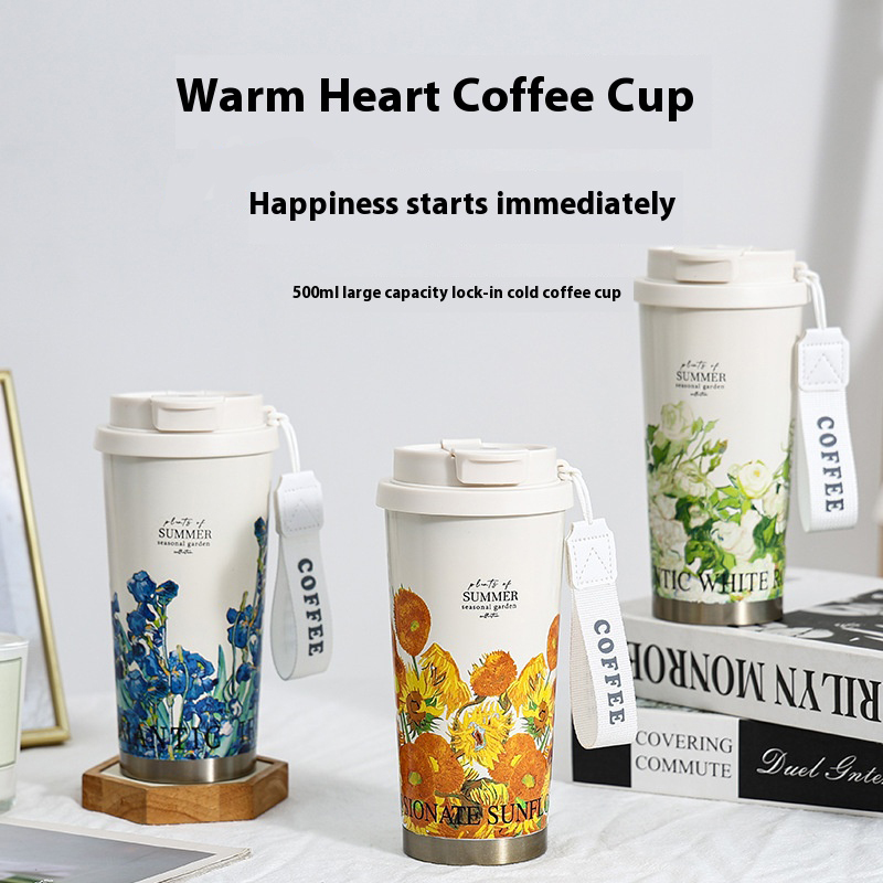 New Thermos Cup Coffee Cup for Girls High Appearance Double Drinking Cup Light Luxury Lily of The Valley Flower Water Cup
