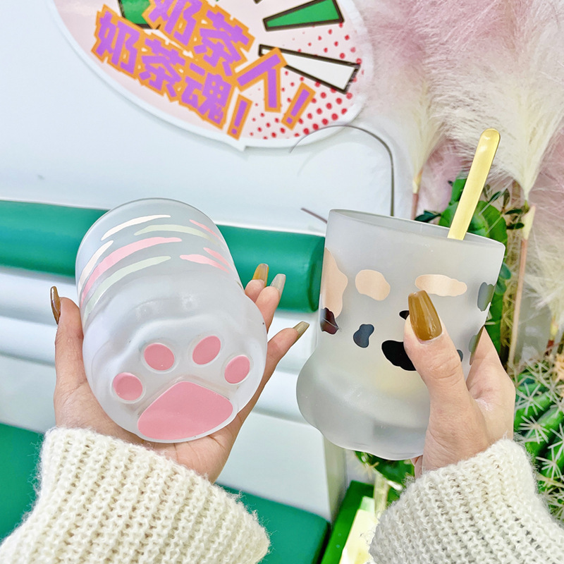 400ML Lovely Ins Couple Cat Paw Design Water Cups Home Tea Sets Cat Glass Cups with Spoons 