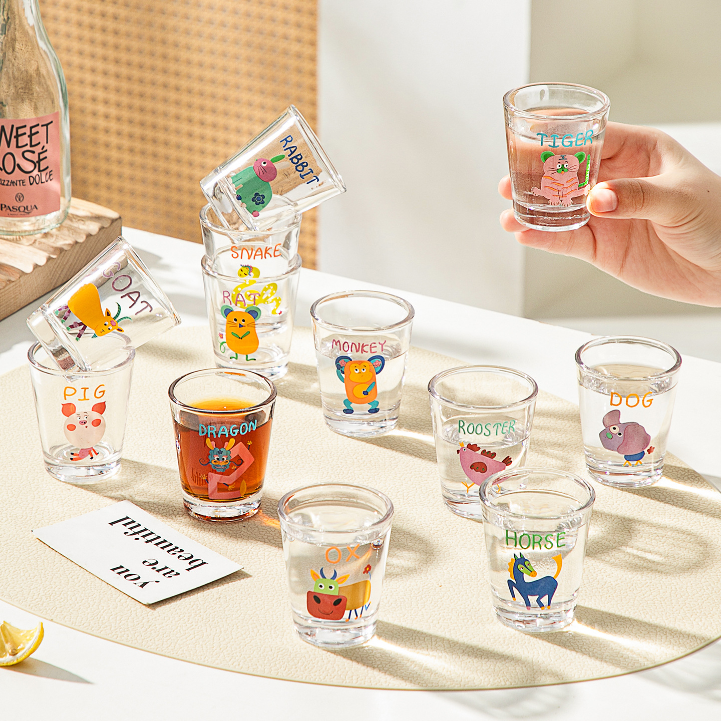 50ML Cartoon Glass Sake Cups 12 Zodiac Pattern Household Small Wine Cups Creative Wine Cup One-sip Cups Mini Sake Cups Gifts