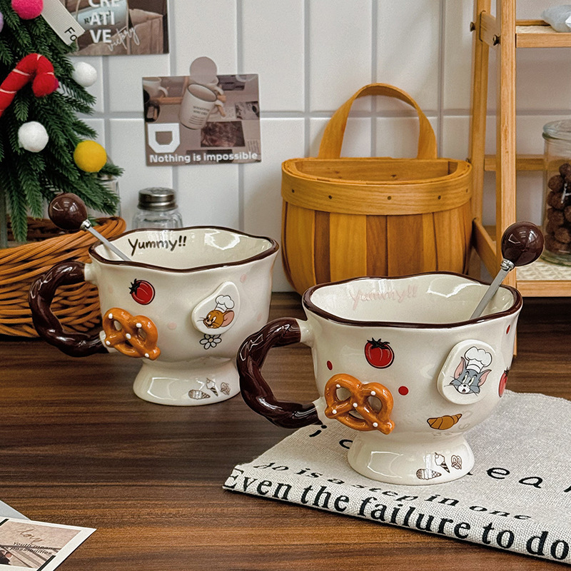 Vintage Cute Cartoon Cat Mouse Print Brown Cup Round Mouth Cup Ceramic Tall Foot Cup Coffee Cup with Spoon Box Gifts